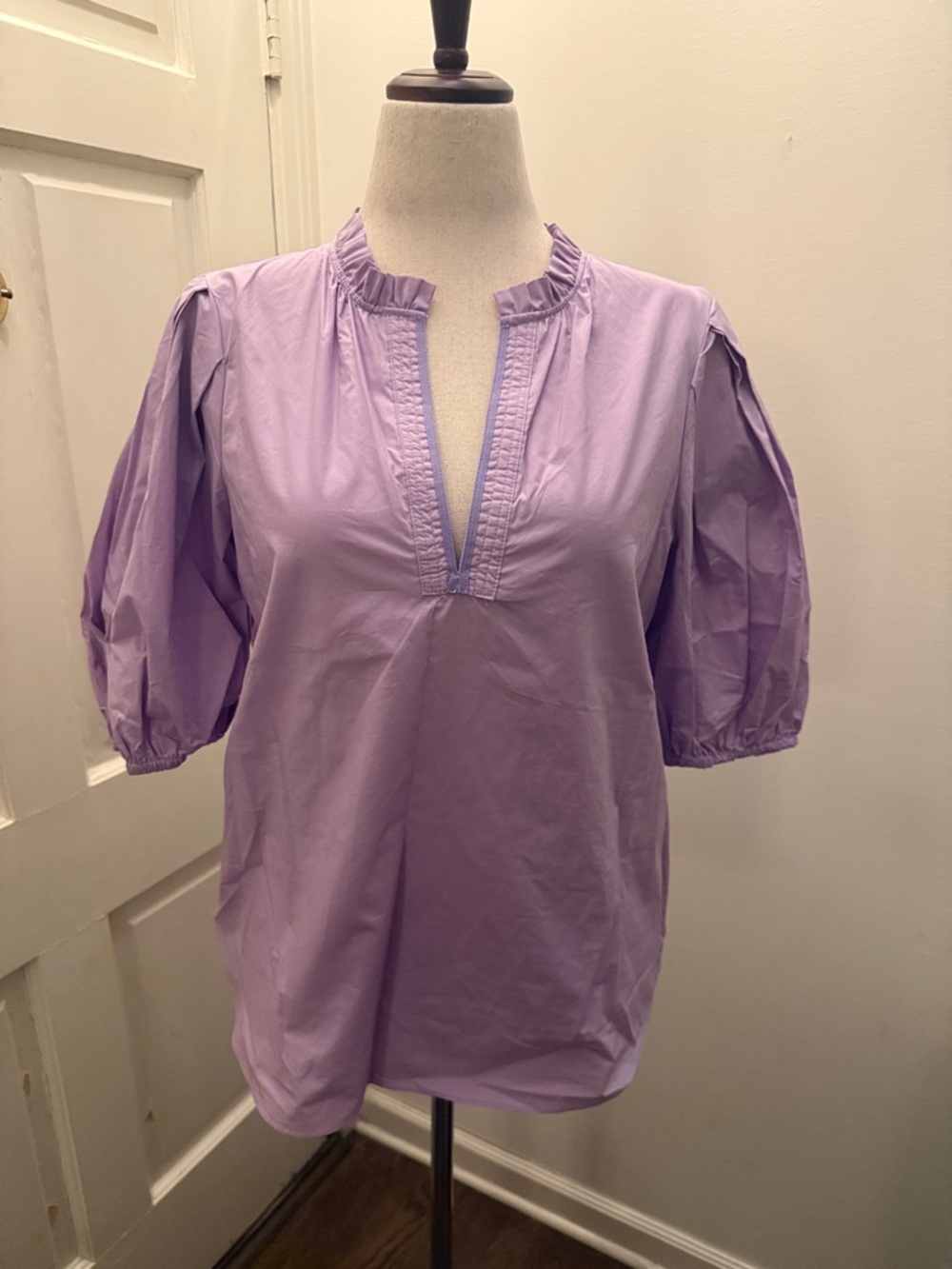 Ruffled V-Neck Puff Sleeve Blouse in Lavender